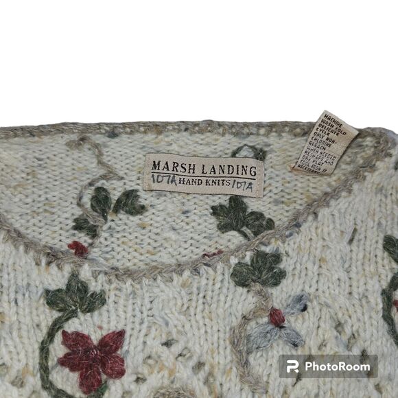VTG Marsh Landing Sweater Womens Large Beige Red Floral Wool Angora Hand Knit - Picture 2 of 5